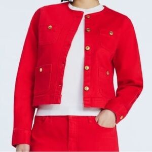NEW Free Assembly red denim button down cropped boxy Crew neck jacket S (4-6)